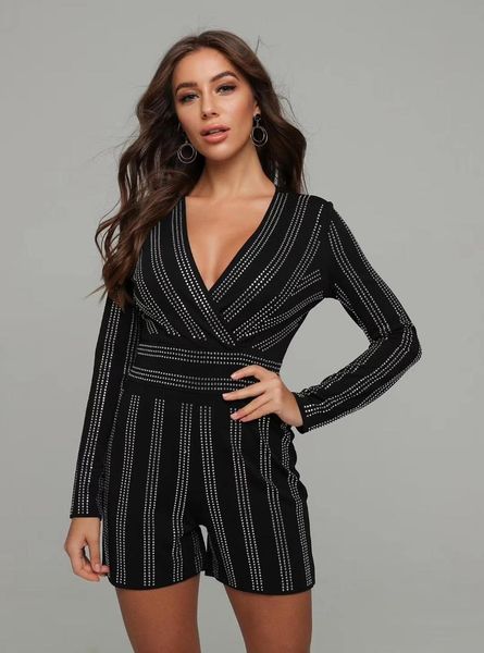 

women's jumpsuits & rompers 2021 autumn women fashion deep v neck long sleeve diamonds striped black bandage jumpsuit ladies elegant de, Black;white