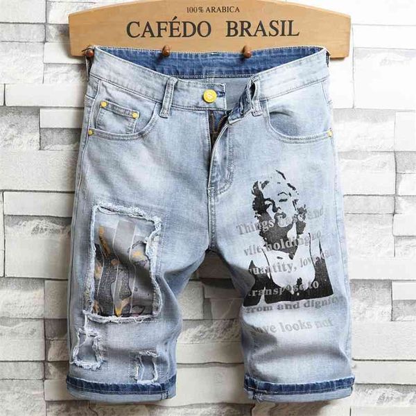 

3d character art printed men's light blue comfortable denim shorts summer youth must-have fashion slim jeans 210629, White;black