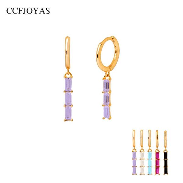 

hoop & huggie ccfjoyas 925 sterling silver multi-color three rectangular zircon small earrings purple/blue/white color 2021, Golden;silver