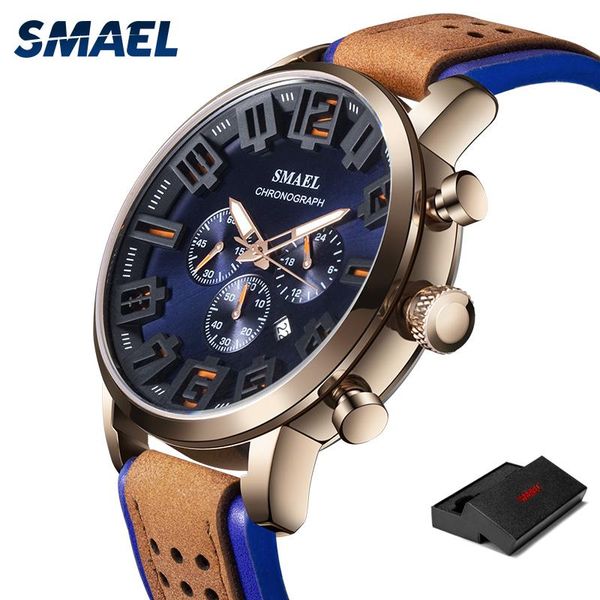 

wristwatches smael casual sport mens watches brand military leather man sl-9077 clock fashion chronograph relogio masculino, Slivery;brown