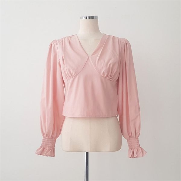 

women's spring autumn french style v-neck pleated solid color puff sleeve blouse slim short female gx441 210507, Black;white