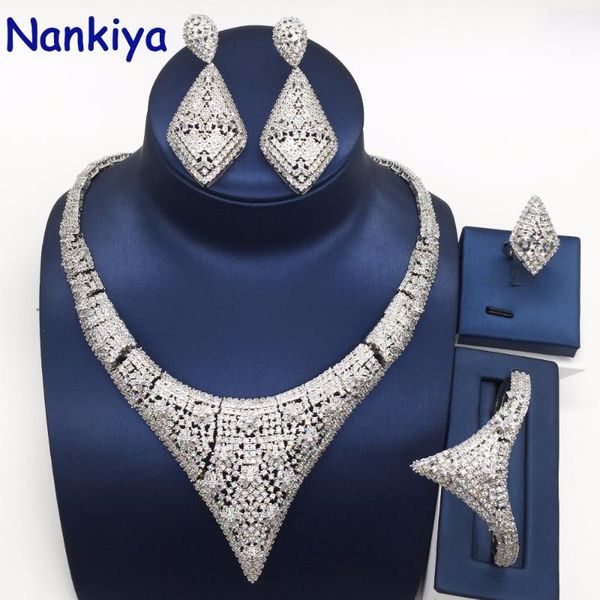 

earrings & necklace nankiya est elegent 4pcs wedding set hyperbole design nigerian dress accessories jewelry dubai girls party nc778, Silver