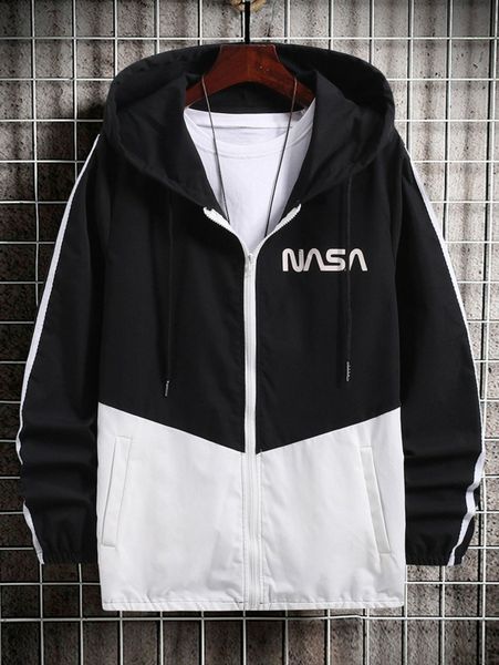 

men letter graphic zip up two tone drawstring hooded jacket without tee i2fi#, Black;brown