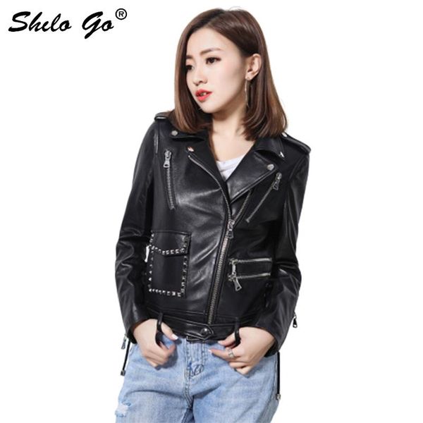 

women's jackets leather jacket womens spring fashion sheepskin genuine coat lapel collar rivet pocket side zipper locomotive, Black;brown