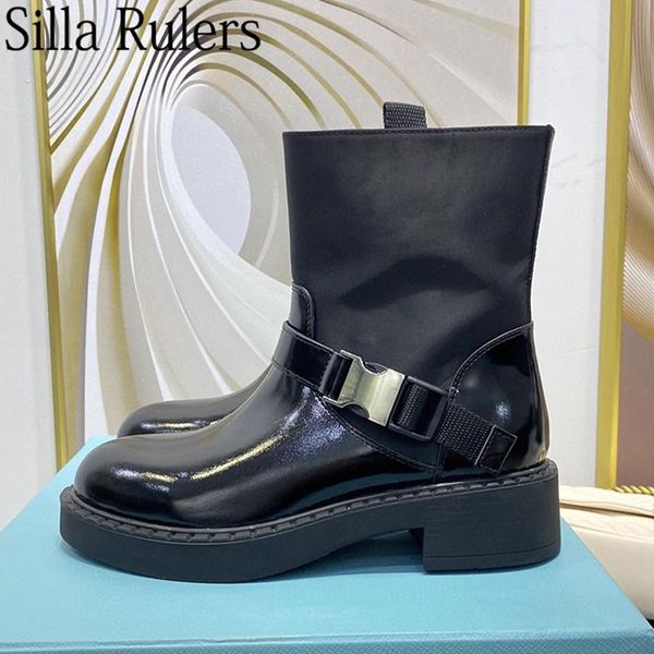 

boots thick sole genuine leather woman slip one round toe ankle lace up motorcycle mujer 2021, Black