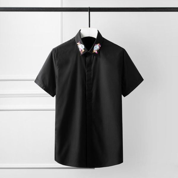 

plus size 4xl summer mens shirts luxury rose embroidery collar short sleeve casual shirt white black party nightclub man men's