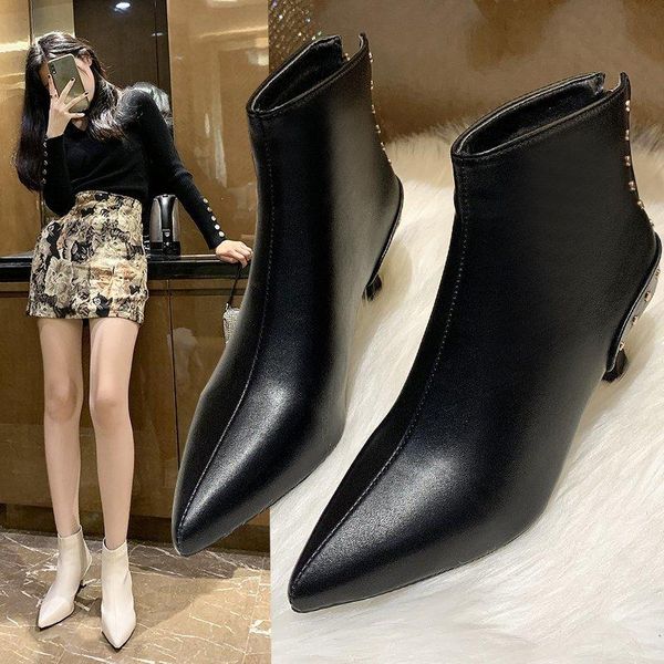 

boots 2021 women soft leather zipper ankle pointed toe white black high heels motorcycle shoes female botas mujer