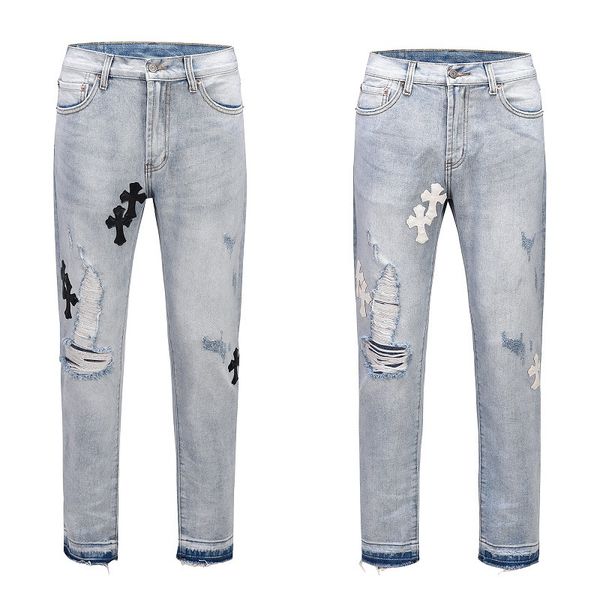 

crosin ins gaojiechao brand new cross leather pierced wash make old elastic casual jeans pants, Black