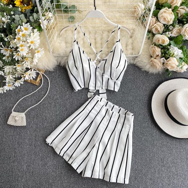 

two piece dress pure suit female two-piece seaside vacation style open back camisole short stripe wide leg shorts tide, White