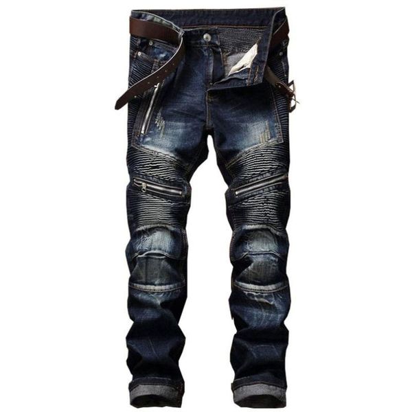 

men's jeans vintage denim pants men draped plated biker trouser man quality brand male slim fashion streetwear hiphop 2021 autumn, Blue