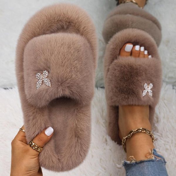 

slippers women's furry slides flip flops platform faux fur sandals rhinestone butterfly fluffy home female casual shoes, Black