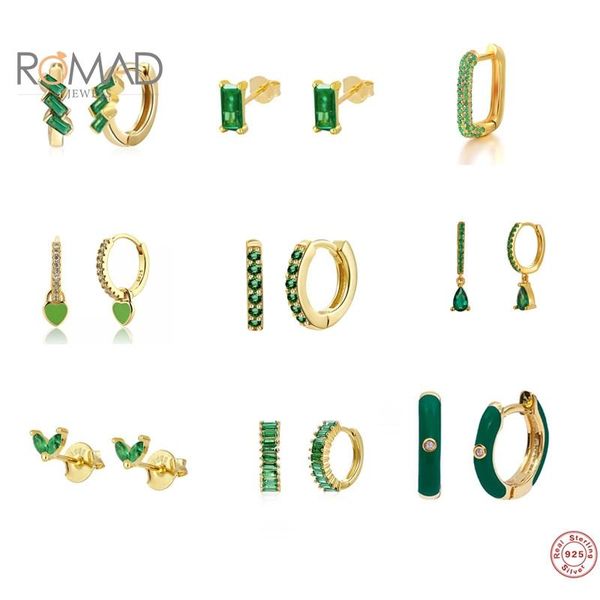 

hoop & huggie romad 925 sterling silver earrings for women green series zircon piercing earring earings fine jewelry pendientes, Golden;silver