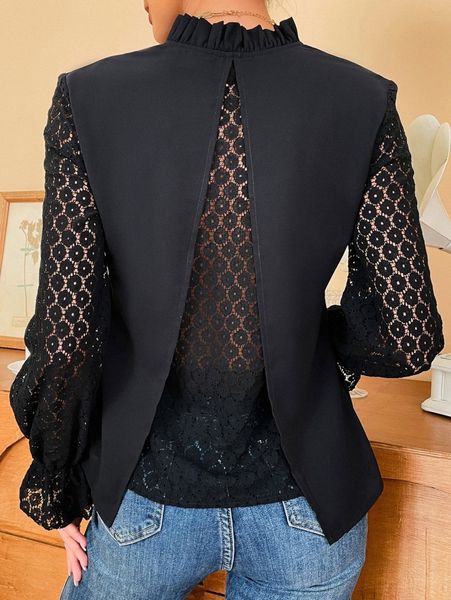 

contrast lace flounce sleeve frilled neck blouse x367#, White