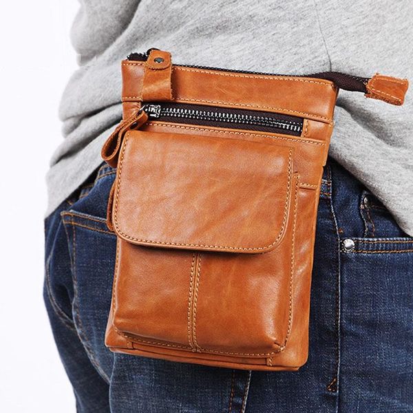

men's leather waist bag vintage belt pack multifunctional shoulder causal soft fanny male phone wallet bags