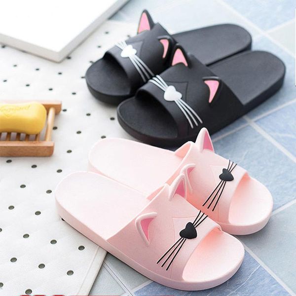 

women summer slippers beach slide sandals cartoon cats flip flops soft sole comfortable men couple ladies bathe shoes zapatillas, Black