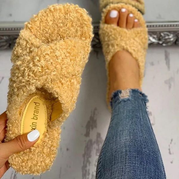 

furry slippers women 2021 spring cross flat solid color sheep curl slides for, Black