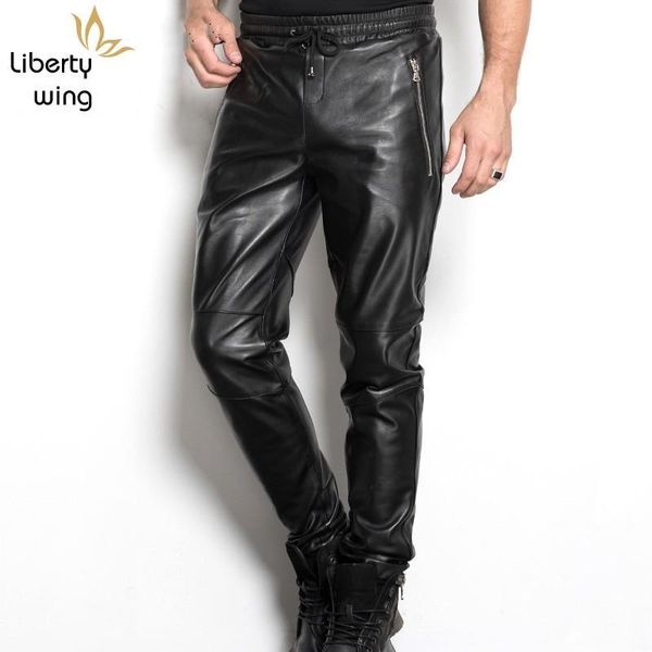 

men's pants mens genuine leather full length trousers fashion drawstring waist motorcycle sheepskin slim fit windproof, Black