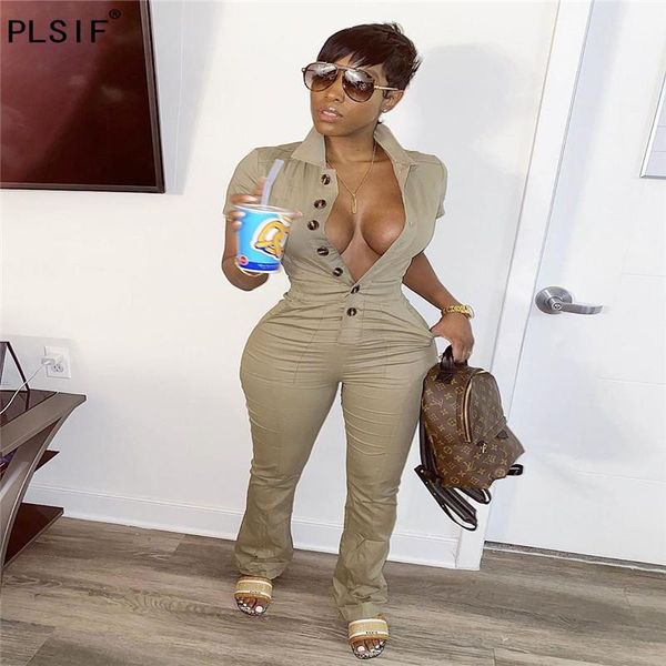 

women's jumpsuits & rompers 2021 style fashion high waist flare pants lady deep v-neck short sleeve summer temperament slim, Black;white