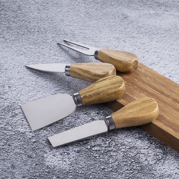 Laboramento de madeira conjunto de queijo de cozinha de aço inoxidável faca de faca de faca de faca de garfo de queijo de quatro peças conjunto de pizza