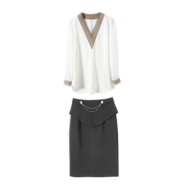 

two piece dress spring long sleeve v neck white / black satin panelled embroidery blouse + skirt work suits 2 s set nj11210191 cmdu