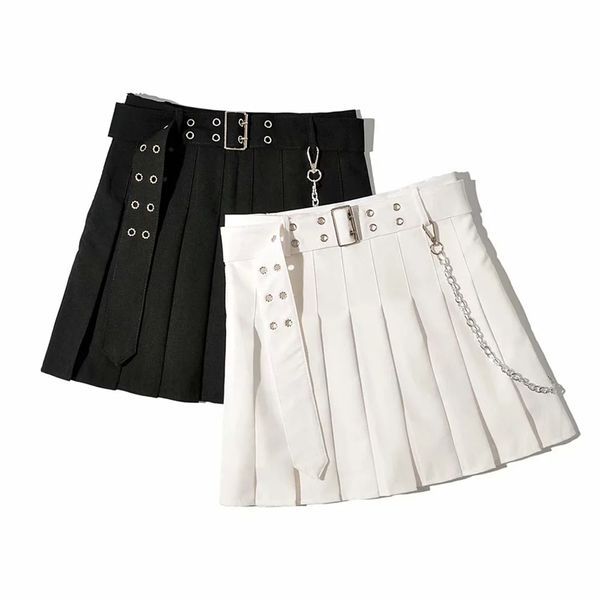

summer women skirt chain high waist stitching student pleated s cute sweet girls dance mini 210531, Black