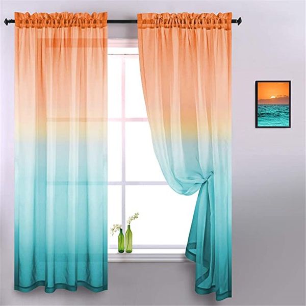 

semi gradient linen sheer curtains orange and blue 2 tone reversible rod pocket for bedroom living room privacy light filtering curtain & dr