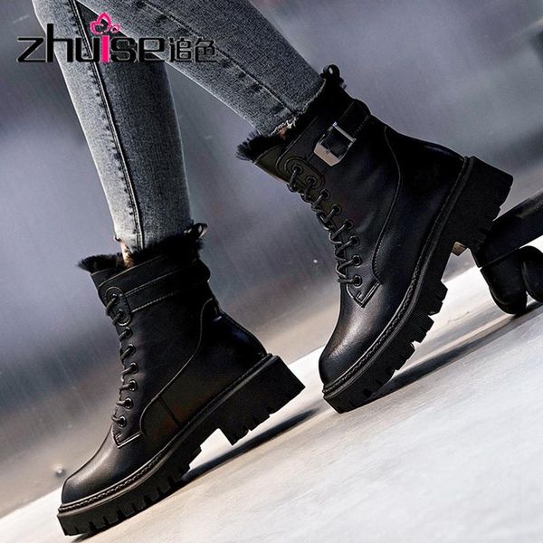 

boots wool shoes 2021 autumn and winter medium tube thick-soled short female thick-heeled leather cashmere, Black