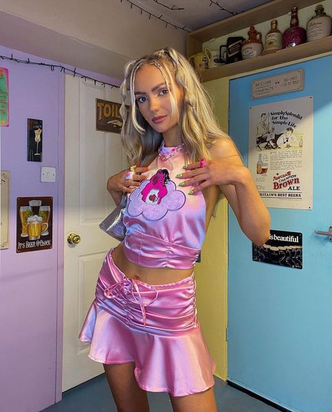 

2 piece summer kawaii women tracksuits outfits y2k cute halter cartoon embroidery sleeveless crop ruffle mini pleated skirt set, Gray