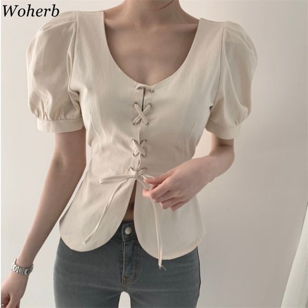

lace-up o-neck blouse women's summer slim fit all-match puff short sleeve shirts korean temperament solid color 210519, White