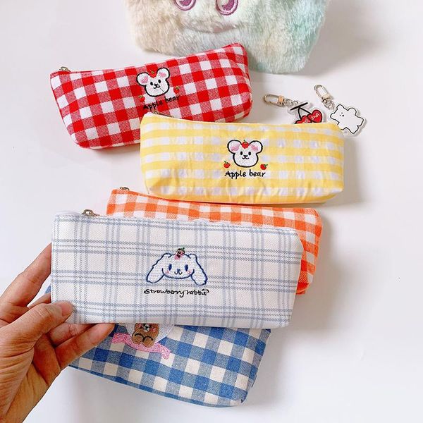 

vintage check pattern pencil bag pen case color lattice cartoon animals embroidery storage pouch for stationery make up travel bags