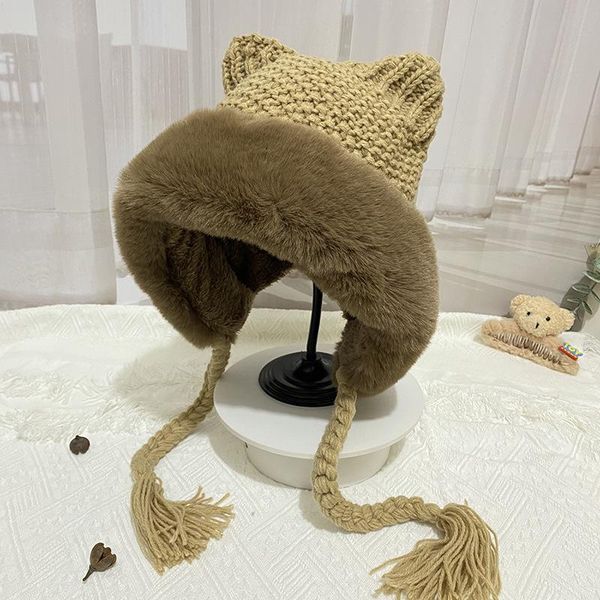 

berets knitted hat for women in winter outdoor cold plus fleece warm collar earmuffs three plaited thread, Blue;gray
