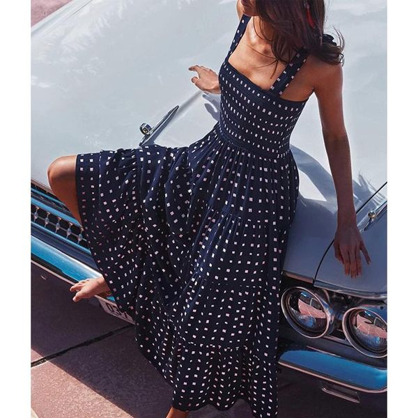 

casual dresses women summer dot print a-line dress shrinkage design elegant sling sleevelss square collar slim bohemian resort style, Black;gray