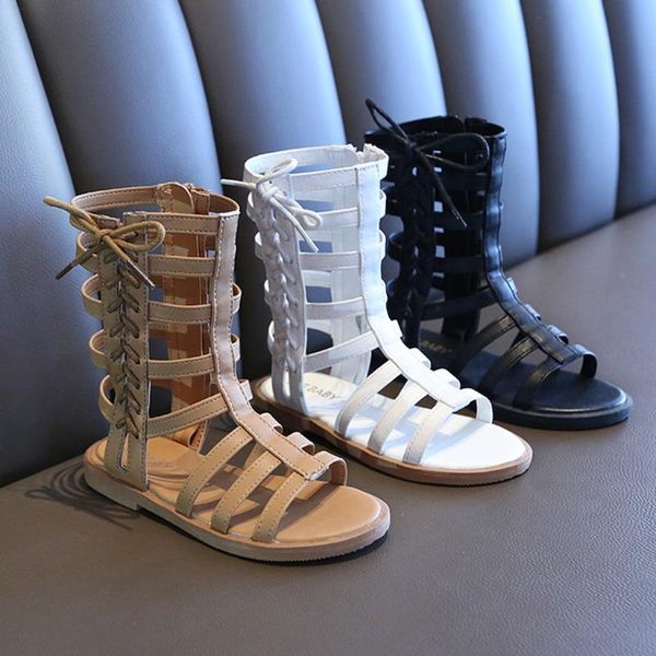 

sandals 2021 girls gladiators summer children shoes child high roman open toe princess flat for kids, Black;red