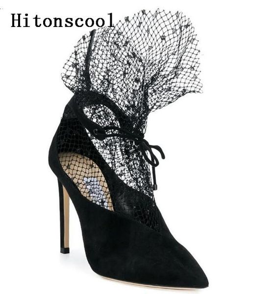 

boots women black lace lace-up ankle wrap short pointed toes high heel design moda females pump botas mujer 35-43