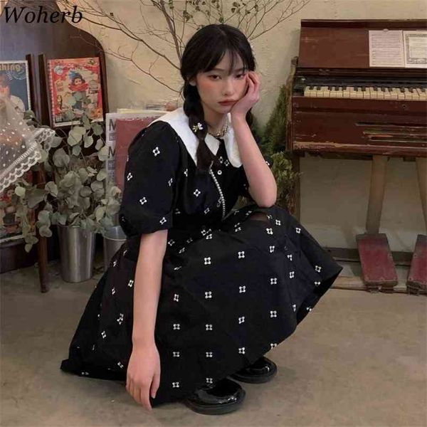 

korean dress women summer fashion robe embroidered short-sleeve dresses sweet peter pan collar high waist vestidos 210519, Black