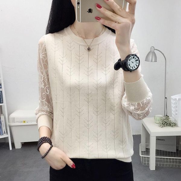 

women's sweaters spring summer style women knitted pullover sweater lady casual long sleeve lace patchwork outwear zz0928, White;black
