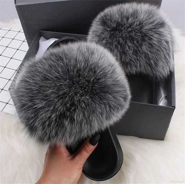 

real fox hair slippers women fur raccoon fluffy sliders jamacia furry summer flats sweet ladies shoes large size 45 wholesale y0902, Black