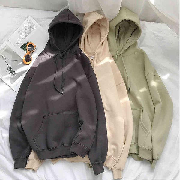 

woman solid 13 colors korean hooded sweatshirts casual cotton thicken warm hoodies autumn winter fashion oversize femme 210507, Black