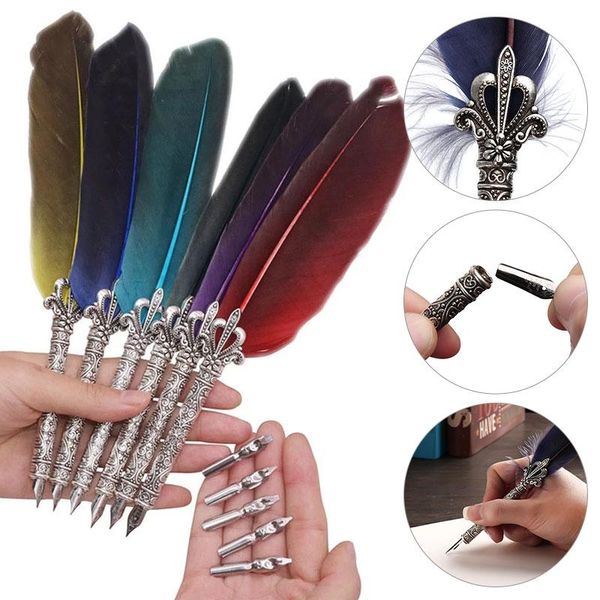 

1set 1mm -- 3mmretro vintage calligraphy feather dip pen writing ink set stationery quill fountain pens creative party favor
