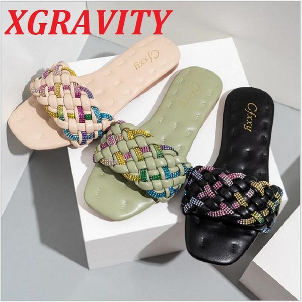 

summer flat shoes square toe weave ladies fashion slides female woman footwear knitting elegant slippers, Black