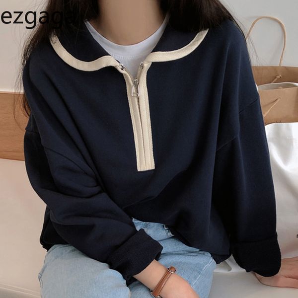 

ezgaga women sweatshirt streetwear korean chic autumn turn-down collar zipper loose pullover ladies fashion casual 210430, Black