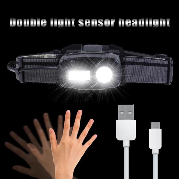 

headlamp 6 modes led headlight infrared induction head usb rechargeable bike light with cable lights