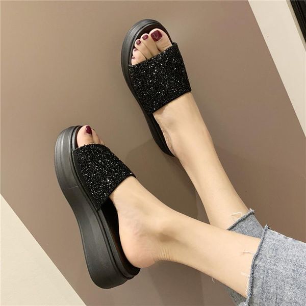 

house slippers platform shoes slipers women on a wedge luxury slides med 2021 designer fashion pu, Black