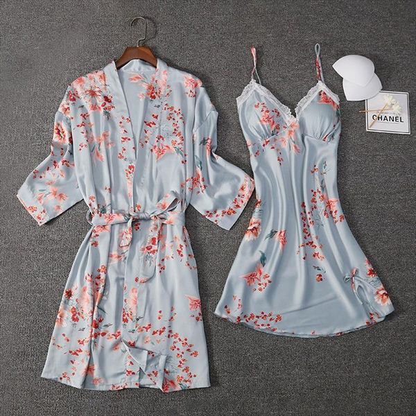 

print flower kimono bathrobe womens sleepwears gown lace 2pcs robe set satin female intimate lingerie summer nightwear, Black;red