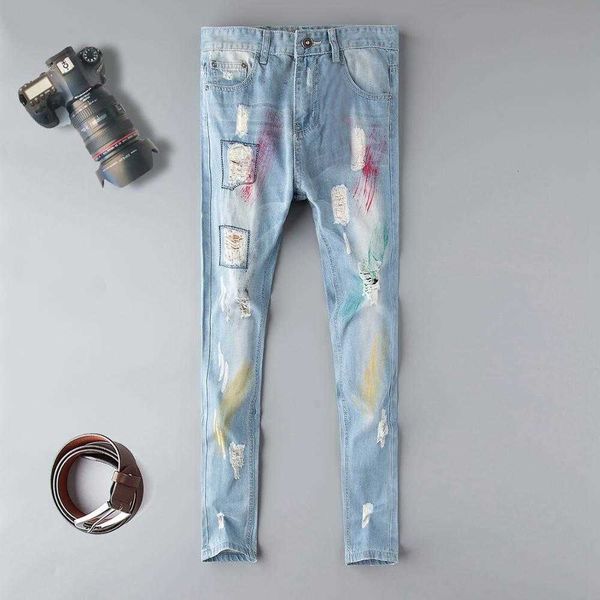 

men's jeans fashion blue embroidery flower designer wash men slim denim distressed brand straight 4jwj tyic