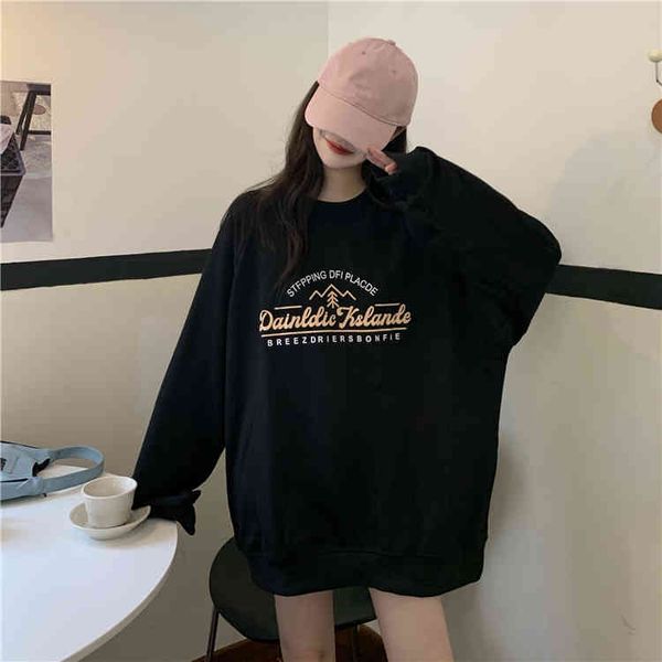 

qooth spring women's loose sweatshirts letter print medium length full sleeve coat o neck casual female student pullover qt430 210518, Black