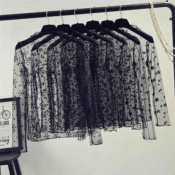 Primavera Verão Mulheres Lace Blusas Camisa Mulheres Tops Sexy Malha Blusas Ver-se Manga Longa Black Dot Star Star Blusa 210518