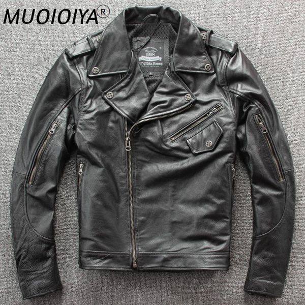 

men's leather & faux men's genuine jacket lapel diagonal zipper layer cowhide motorcycle suit slim, Black