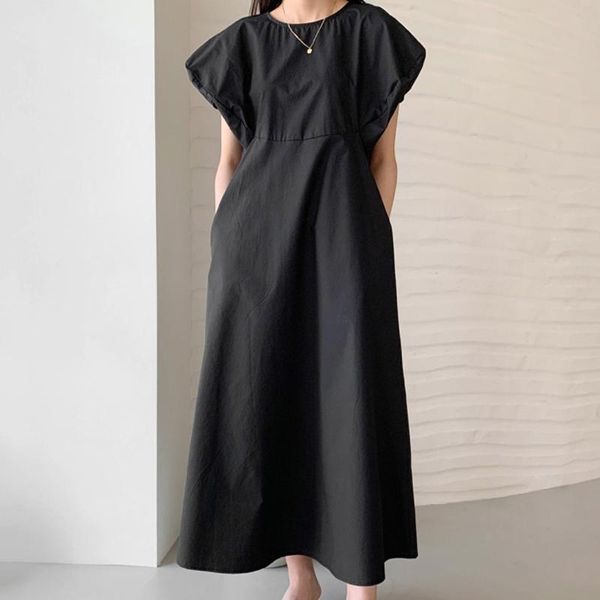

casual dresses [ewq] women black big size pleated longdress round neck short puff sleeve loose fashion tide spring summer2021 2f0577, Black;gray