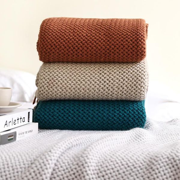 

knitted blanket solid color waffle embossed nordic decorative for sofa bed throw chunky knit blankets